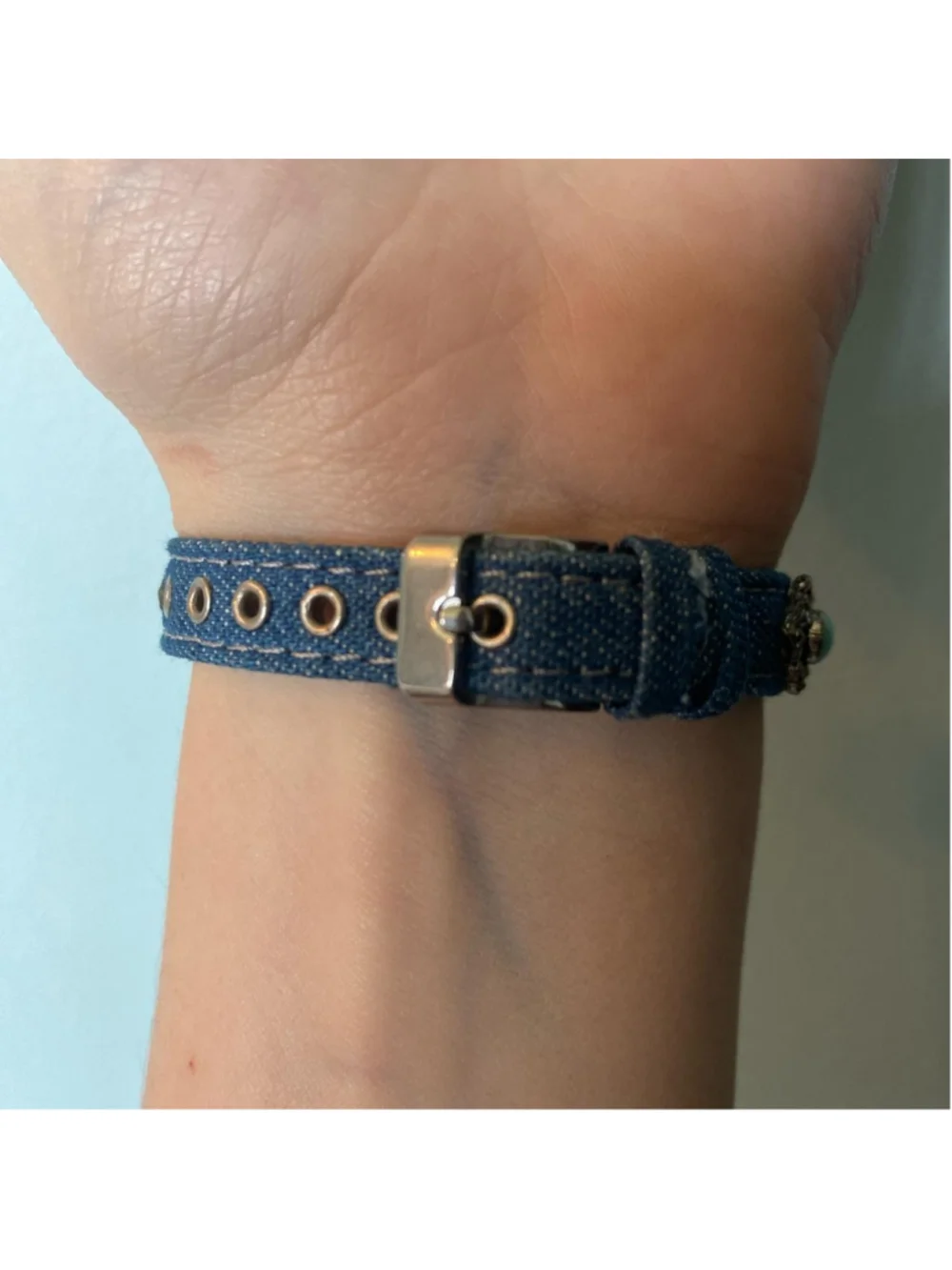 Jennie B Vintage denim banded watch with silver and turquoise detailing and whit